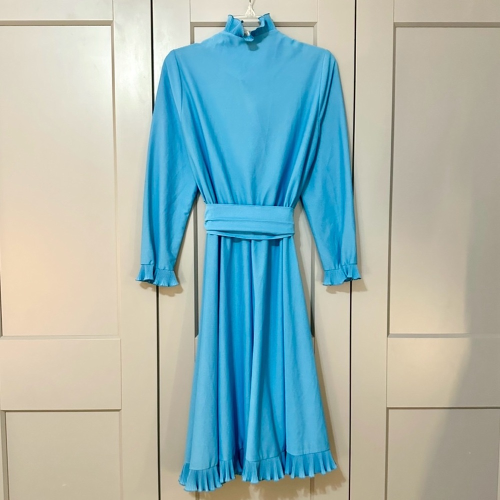 Vintage 1970/80s High Ruffle Neck A-line Belted Midi Dress Ruffle Hem Blue 12